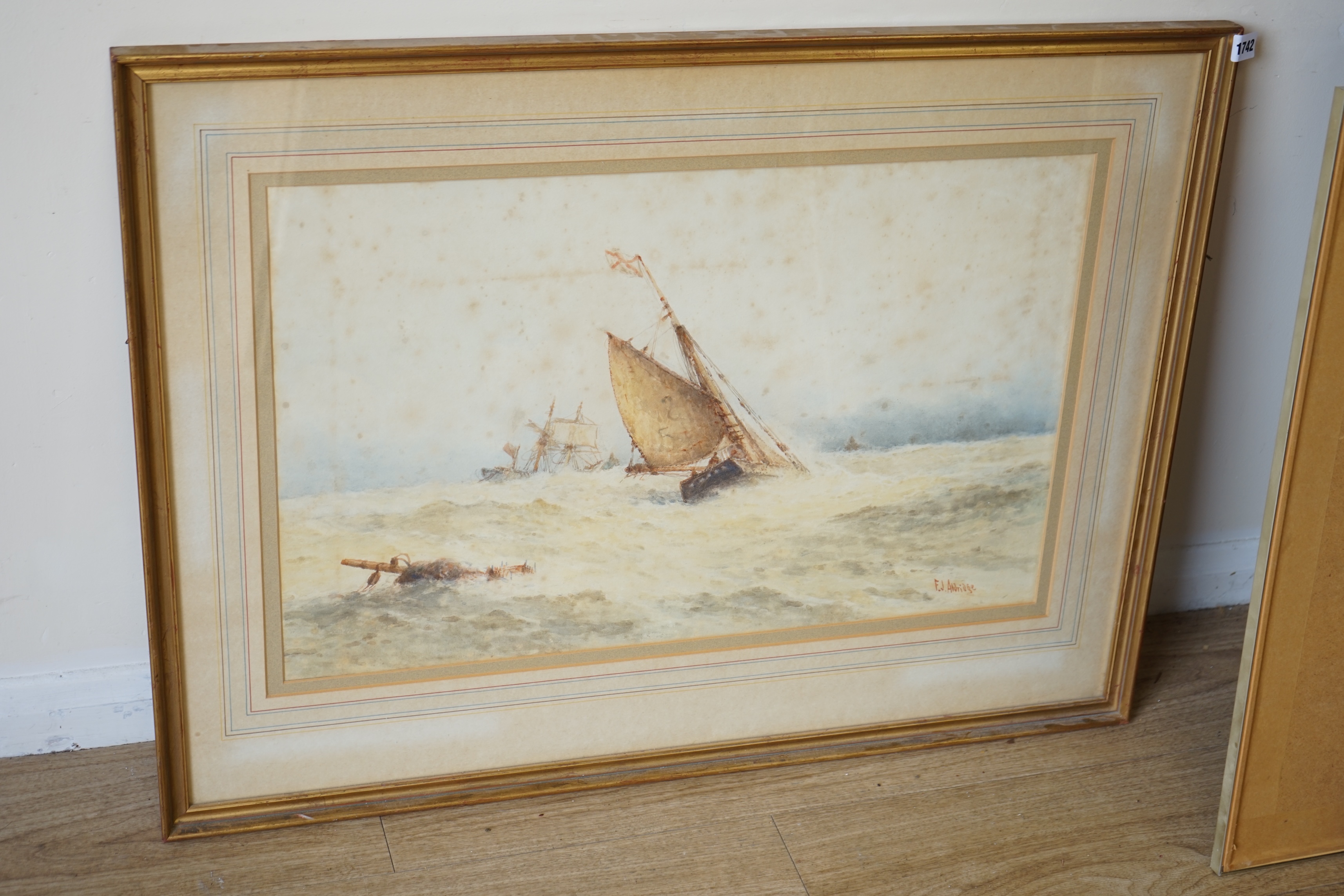 Frederick James Aldridge (1850-1933), two watercolours, Shipping scenes, each signed, largest 42 x 69cm. Condition - poor